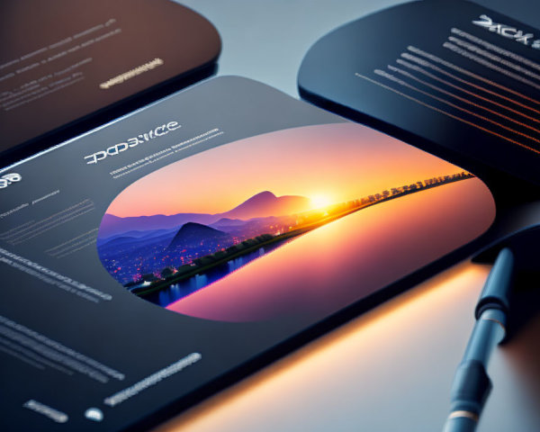 Sunset landscape business cards with modern typography and reflective surface
