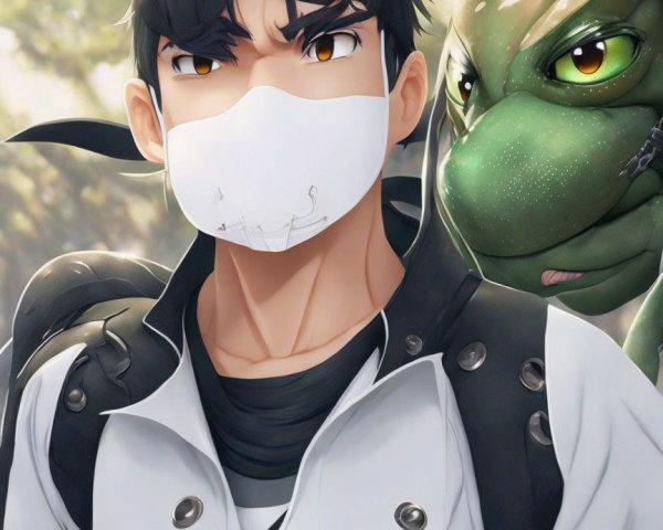Digital illustration: Young man in face mask with green dragon creature.