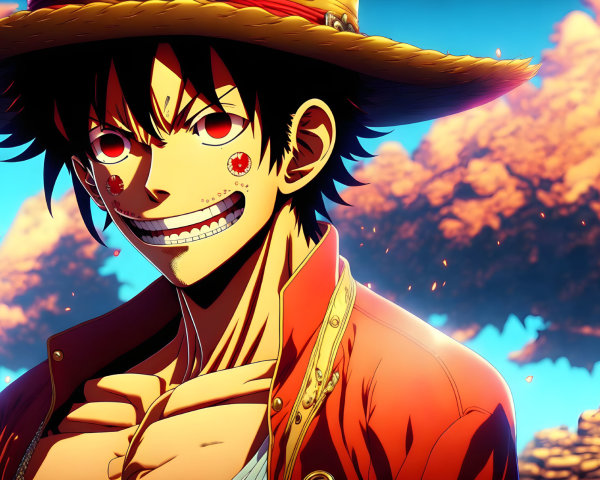Anime character with straw hat and scar in red jacket on fiery orange background