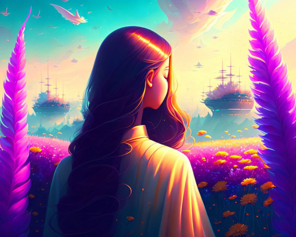 Surreal landscape with woman, colorful feathers, ships, dreamy sky