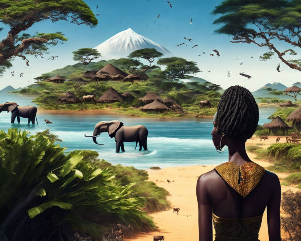 African landscape with elephants, huts, trees, and snowy mountain