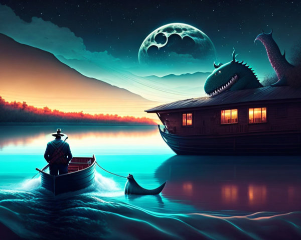 Rowing person near fantasy creature and wooden houseboat at night.