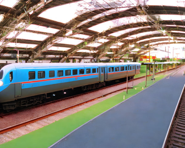 Blue and White Train at Modern Transparent Roofed Station
