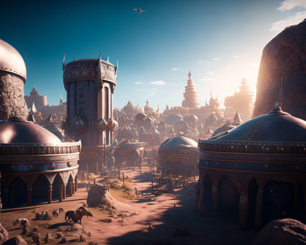 Ornate desert cityscape with domed buildings and spires