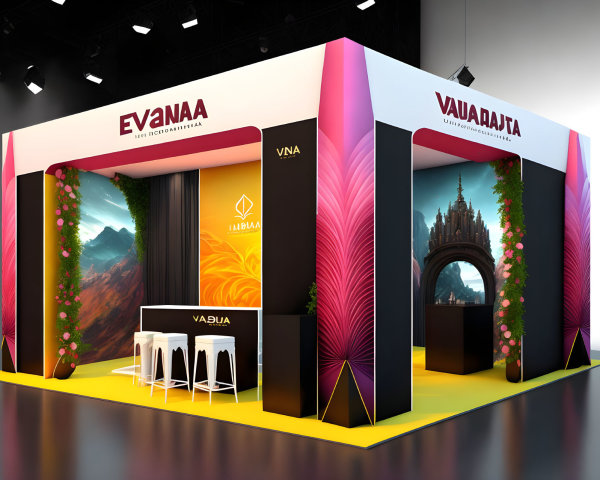 Colorful Nature-Themed Trade Show Booth with Seating Area and Vibrant Lighting