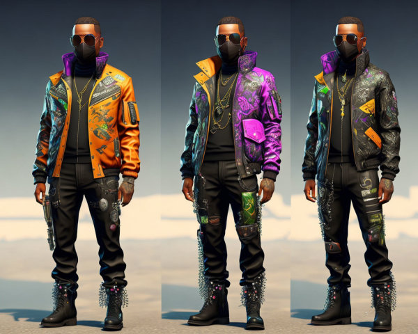 Three Stylish Male Characters in Vibrant Cyberpunk Outfits