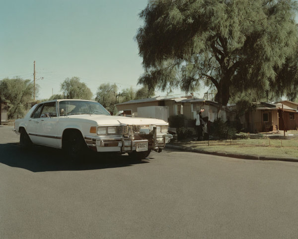 Vintage white car parked on sunny residential street with houses, tree, and person.