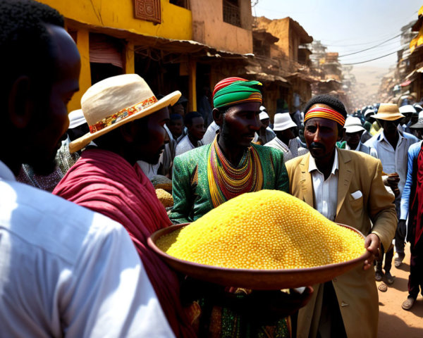Traditional Attire Men with Bead-Covered Object on Busy Street