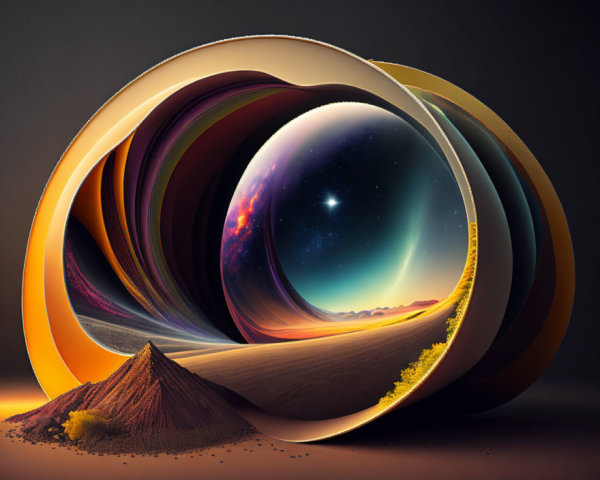Surreal landscape with layered swirl-like portals showing starry sky and desert terrain