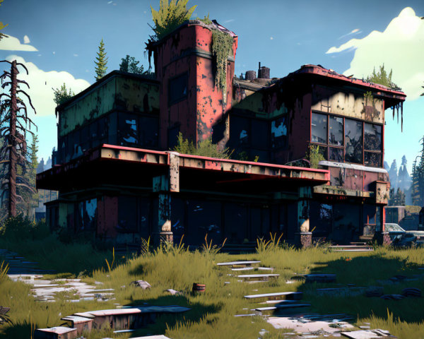 Abandoned building with graffiti and overgrown vegetation under clear sky