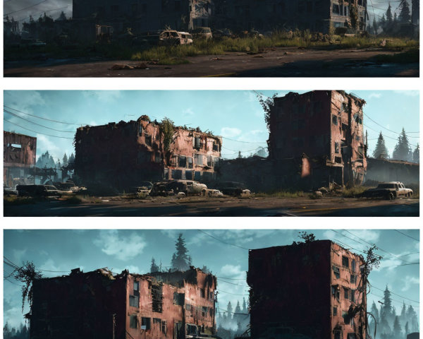 Post-Apocalyptic Urban Landscapes with Dilapidated Buildings