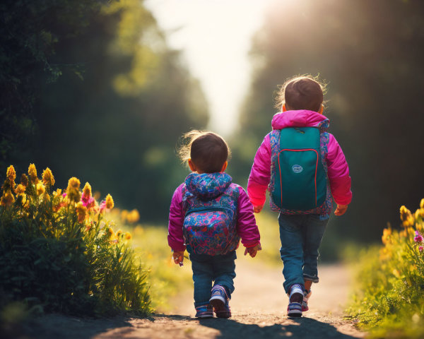 Children walking in forest with backpacks on sunny day