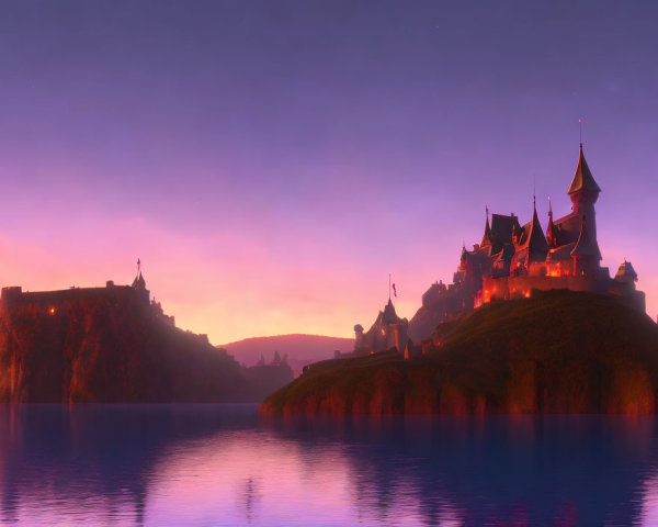 Majestic castle on lush hill at sunset with reflection in serene waters