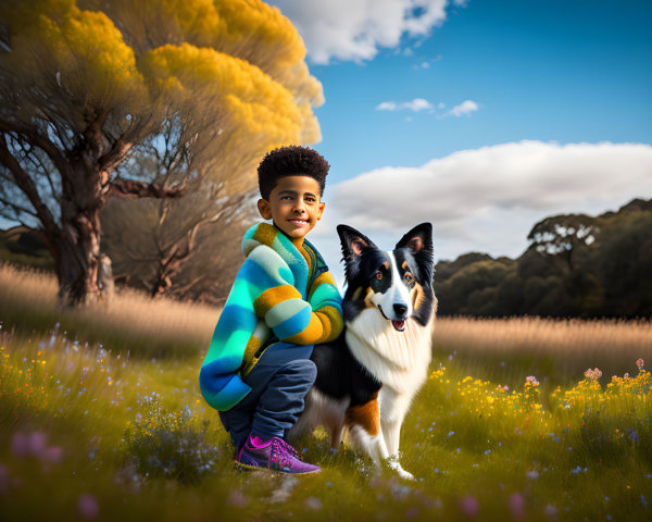 Colorful jacket boy with purple shoes next to black and white dog in sunny field.