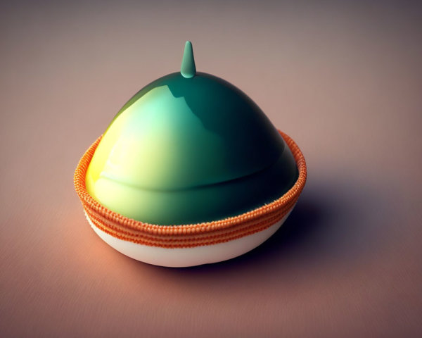 Green dome-shaped lid with small tip on hemispherical base and orange zipper-like detail