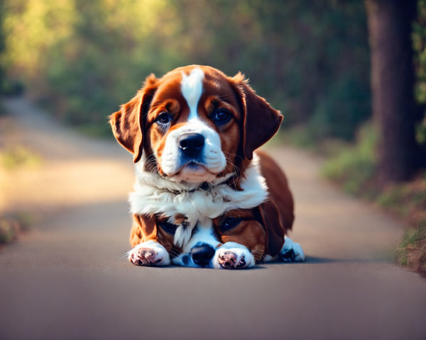 Brown and White Puppies Resting in Sunlit Forest
