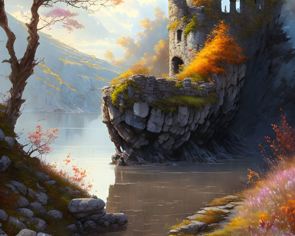 Stone tower on rugged cliff with autumn foliage and river in misty landscape