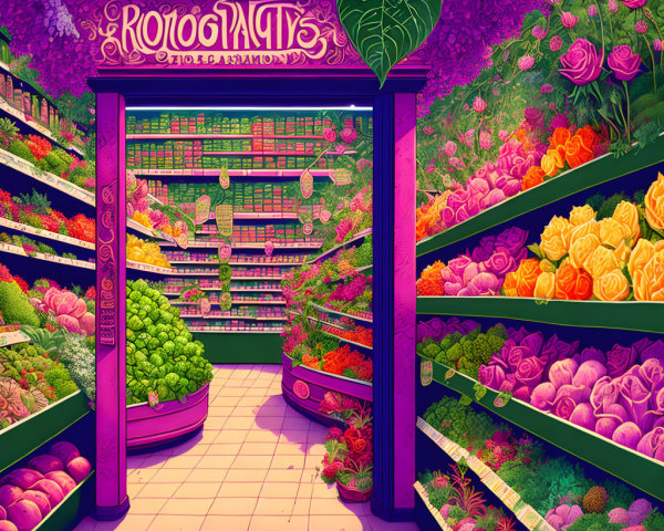 Colorful supermarket produce aisle with lush fruits and vegetables under whimsical signage