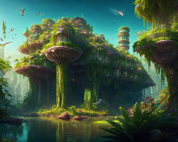 Mystical forest with towering mushroom structures and magical mist.