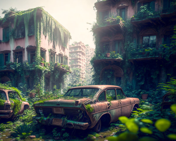 Abandoned urban scene reclaimed by overgrown foliage