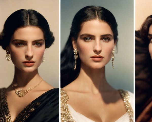 Triptych showcasing elegant jewelry on a woman in different angles
