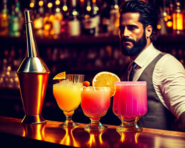 Bearded bartender with cocktails at bar counter