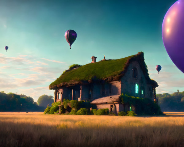 Thatched cottage with hot air balloons in sunlit field