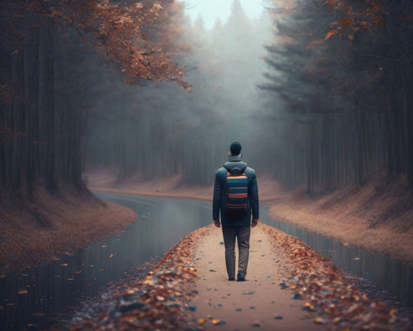 Person Walking on Misty Autumn Road with Fallen Leaves