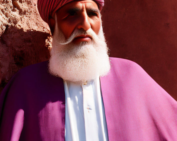Bearded man in purple robe and pink turban against pinkish-red wall