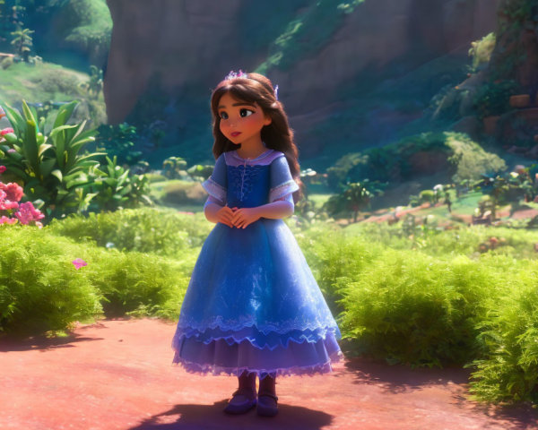 Young animated girl in blue dress in lush forest clearing