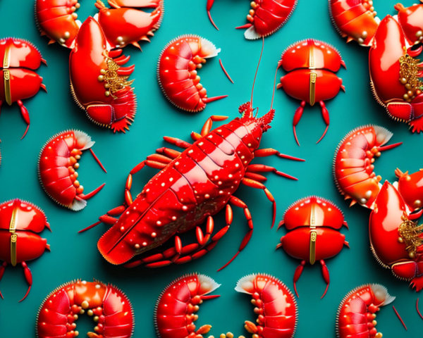 Multiple Red Lobsters with Golden Details on Teal Background