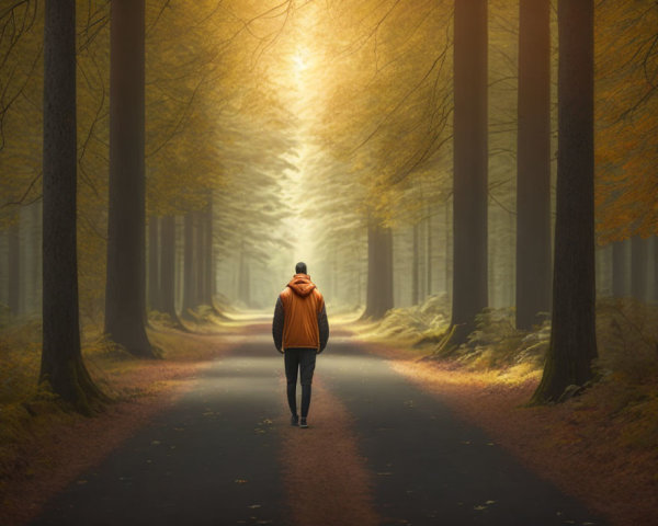 Person in Orange Jacket Walking on Tree-Lined Road in Golden Sunlight