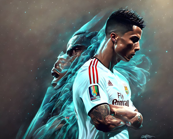 Soccer player in white jersey with abstract background on cosmic scene