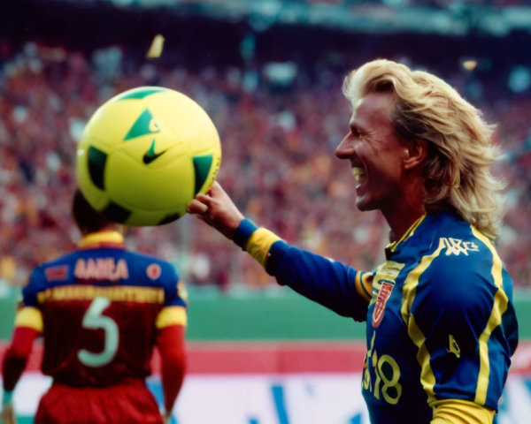 Blond soccer player smiling with ball on hand, blue and yellow jersey, second player in background