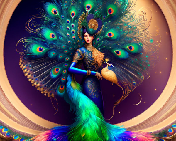 Woman with Peacock Features in Vibrant Illustration