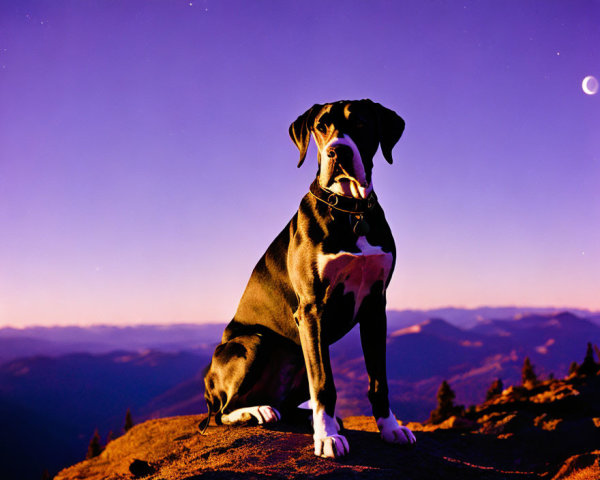 Dog on Mountain Peak at Twilight with Crescent Moon and Forest Landscape