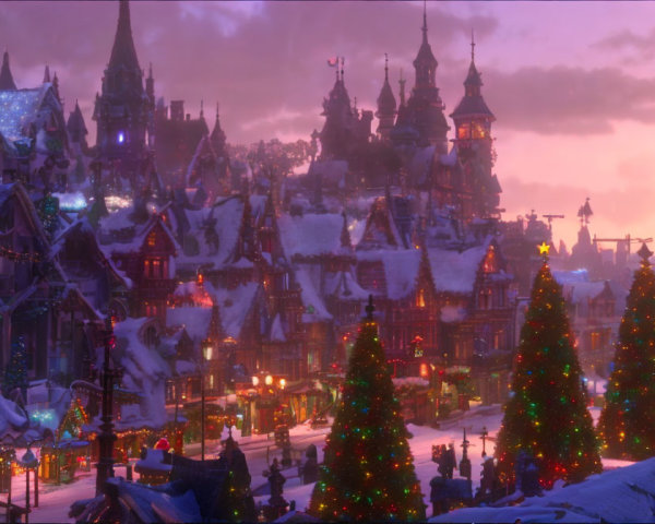 Snow-covered village with festive Christmas lights at twilight