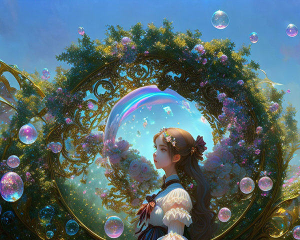 Fantasy illustration of woman with flowers in hair in ornate golden frame