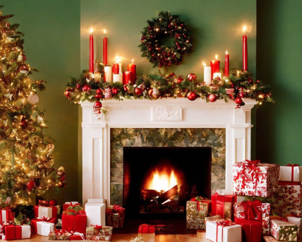 Festive Christmas scene with decorated tree, fireplace, wreath, and gifts on mantelpiece