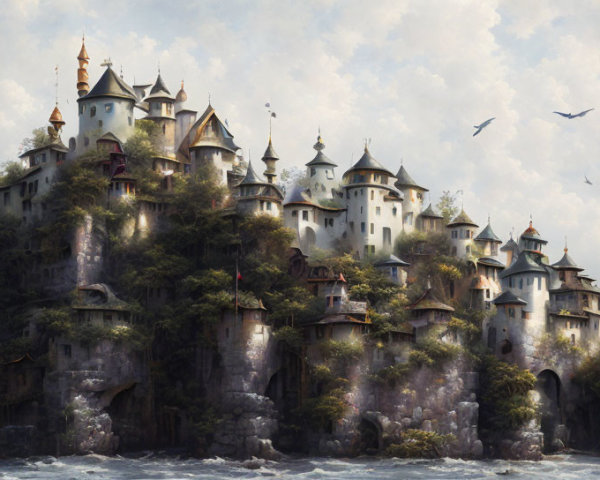 Castle on rocky island with spires and towers by water under cloudy sky