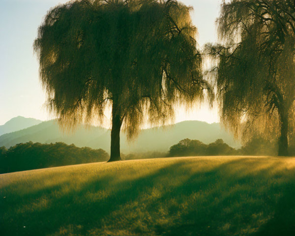 Tranquil sunset landscape with willow tree, rolling hills, and distant mountains