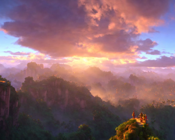 Scenic sunrise over misty jungle with cliffs and figures viewing.