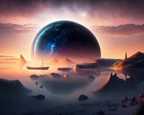 Sailing ships and birds in serene landscape with mountains and large planet