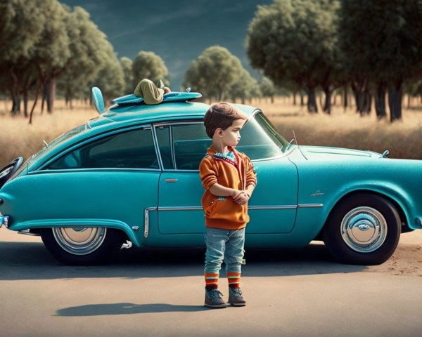 Colorful sweater boy with mismatched socks next to turquoise car and green model on roof, trees in