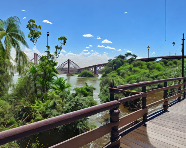 Scenic riverside boardwalk with lush greenery and distant arched bridge