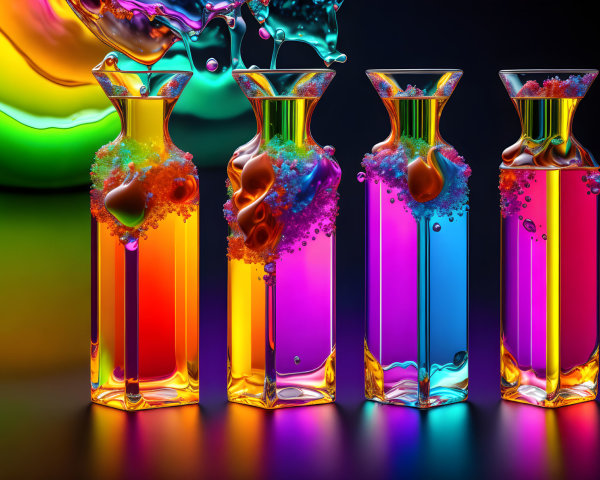 Colorful liquid-filled hourglasses with splashes on reflective surface