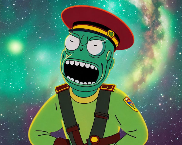Cartoon alien in military attire on cosmic backdrop