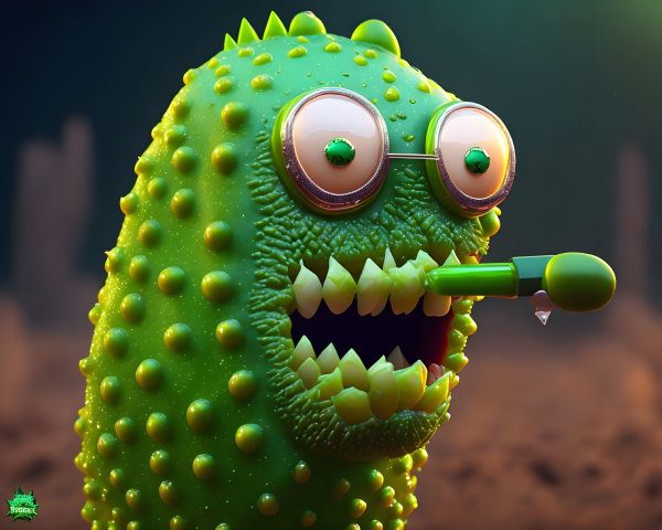 Colorful textured monster with glasses, sharp teeth, and bubble blower