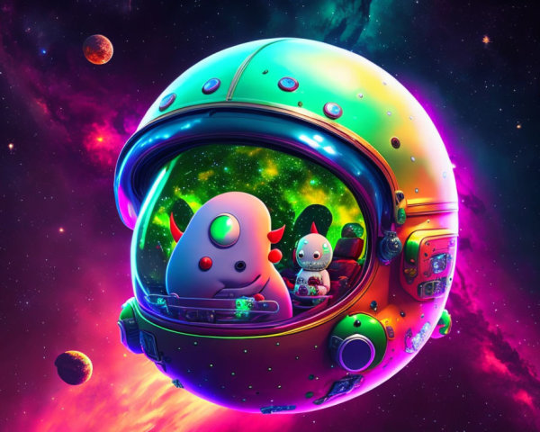 Colorful Oversized Astronaut Helmet in Space with Cute Alien Creatures