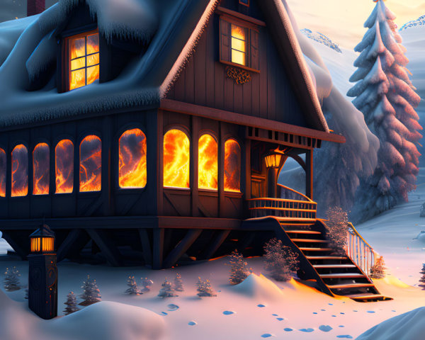 Snow-covered two-story house at twilight with warm glowing windows and smoking chimneys in snowy landscape